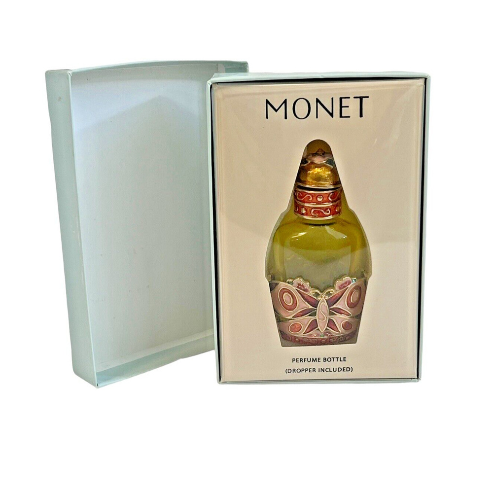 MONET 3" Yellow Bottle Pink Butterfly Glass Vanity Perfume Bottle W/ Dropper NIB